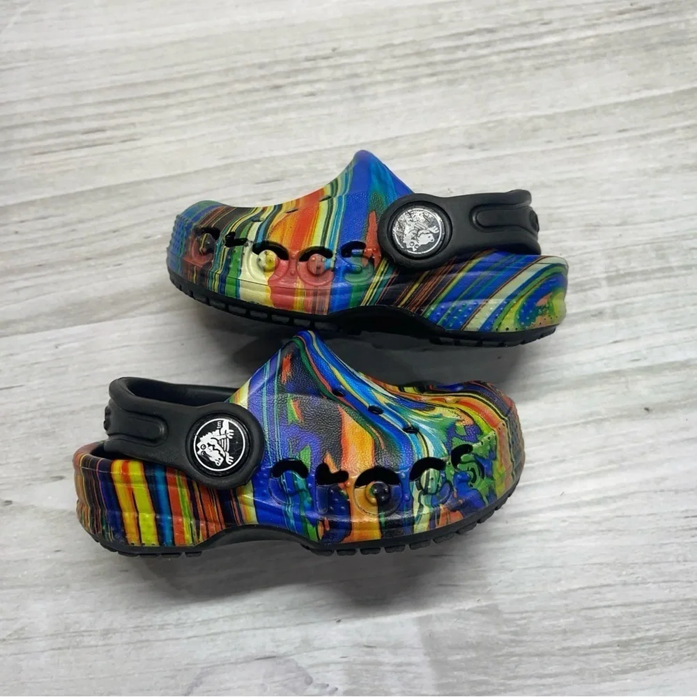 CROCS Baya Seasonal Printed Multicolor Rainbow Black Baby Size 4C